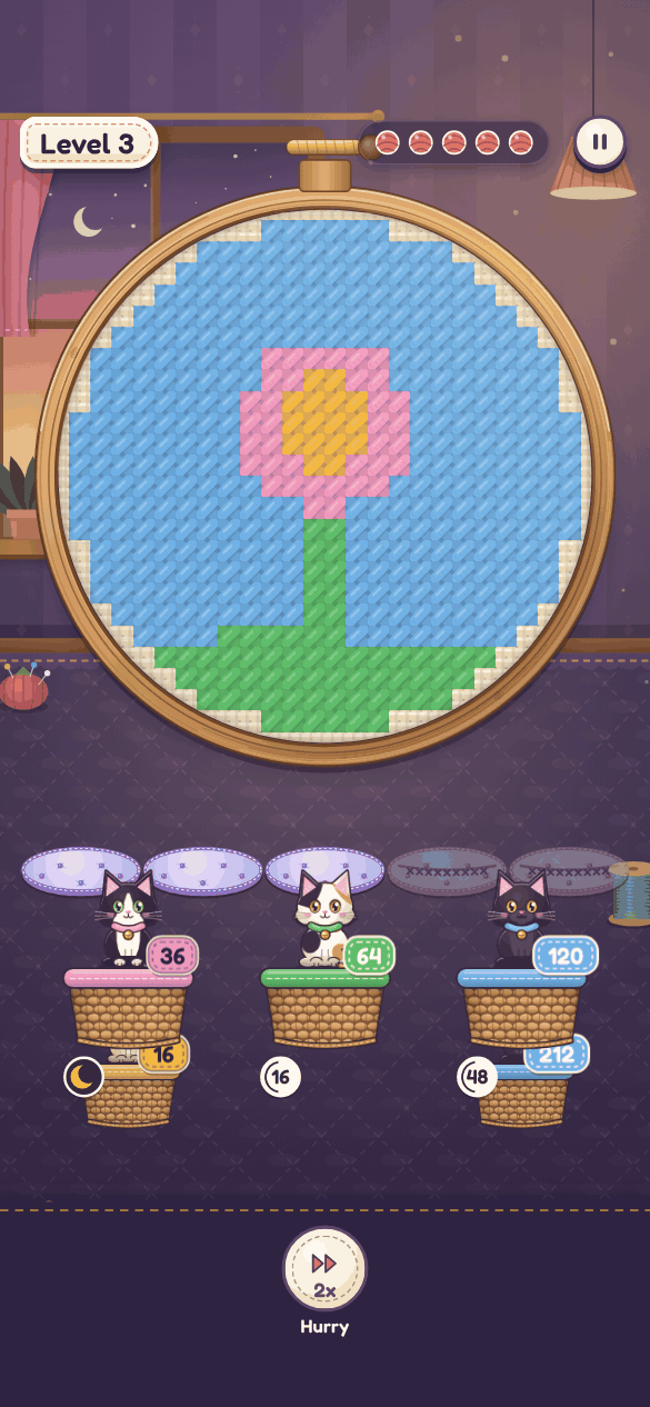 Stitch Kitties: Tap a mama cat and she carries her sleepy kittens home from the hoop, one by one.