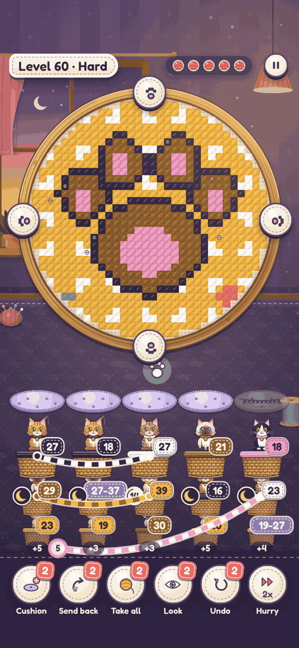 Helpers for tricky hoops: an extra cushion, undo, a look ahead and more, won by playing.